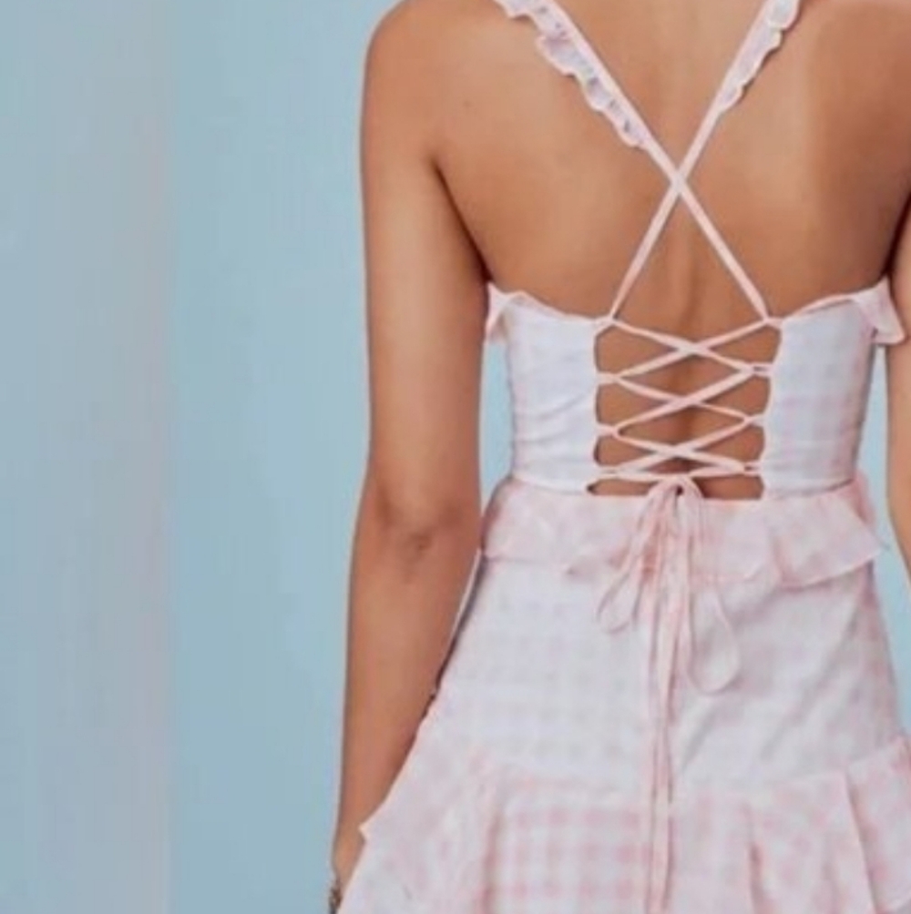 For Love And Lemons Victorias Secret Pink + White Gingham Dixie Tie Back Dress - Picture 7 of 8
